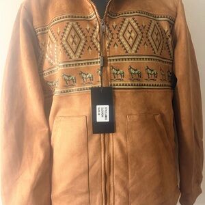 Stylish Tan Bomber Jacket with Geometric and Horse Patterns